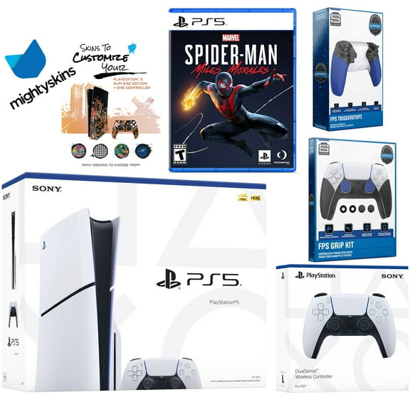 Sony Playstation 5 Slim Disc Bundle with Spider-Man: Miles Morales, Extra White Controller, Trigger Stop Kit, FPS Grip Kit and MightySkins Decal Voucher
