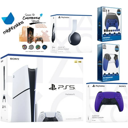 Sony Playstation 5 Slim Disc Bundle with White Pulse Headset, Extra Galactic Purple Controller, Pro Gamer Kit, Trigger Kit and MightySkins Decal Voucher