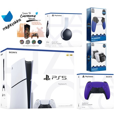 Sony Playstation 5 Slim Disc Bundle with White Pulse Headset, Extra Galactic Purple Controller, Trigger Stop Kit, Dual Charge Dock and MightySkins Decal Voucher