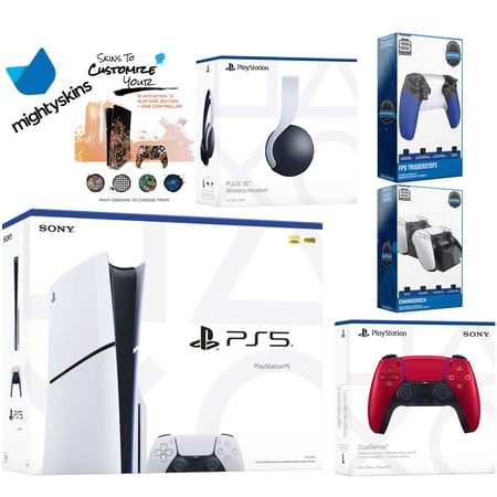 Sony Playstation 5 Slim Disc Bundle with White Pulse Headset, Extra Volcanic Red Controller, Trigger Stop Kit, Dual Charge Dock and MightySkins Decal Voucher