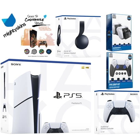 Sony Playstation 5 Slim Disc Bundle with Black Pulse Headset, Extra White Controller, FPS Grip Kit, Dual Charge Dock and MightySkins Decal Voucher