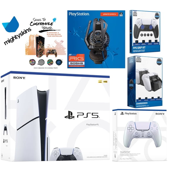 Sony Playstation 5 Slim Disc Bundle with Extra EDGE Controller, Plantronics Headset, FPS Grip Kit, Dual Charge Dock and MightySkins Decal Voucher