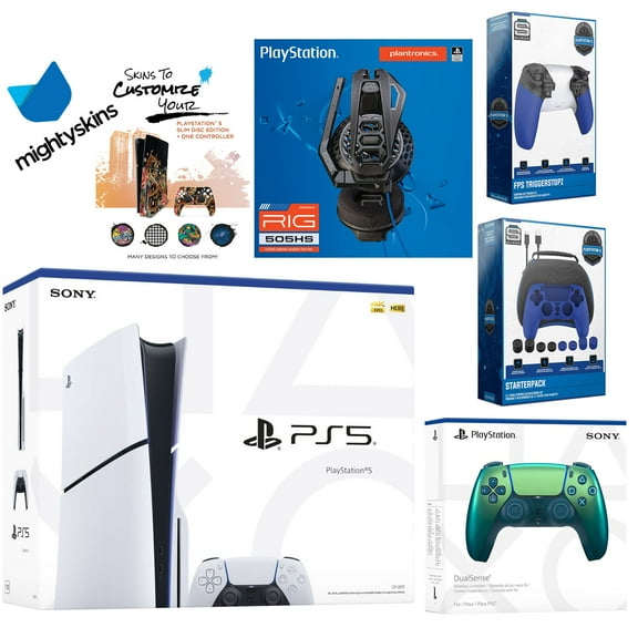 Sony Playstation 5 Slim Disc Bundle with Extra EDGE Controller, Plantronics Headset, Pro Gamer Kit, Trigger Kit and MightySkins Decal Voucher