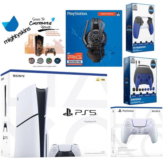 Sony Playstation 5 Slim Disc Bundle with Extra EDGE Controller, Plantronics Headset, Pro Gamer Kit, Trigger Kit and MightySkins Decal Voucher