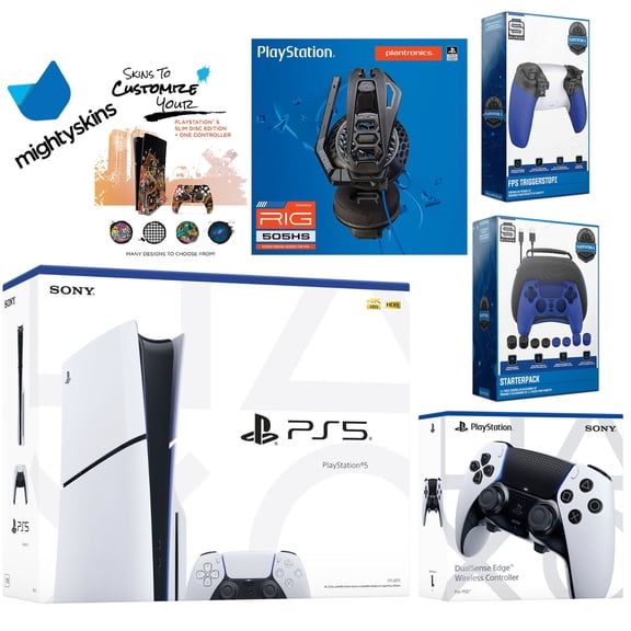 Sony Playstation 5 Slim Disc Bundle with Extra EDGE Controller, Plantronics Headset, Pro Gamer Kit, Trigger Kit and MightySkins Decal Voucher