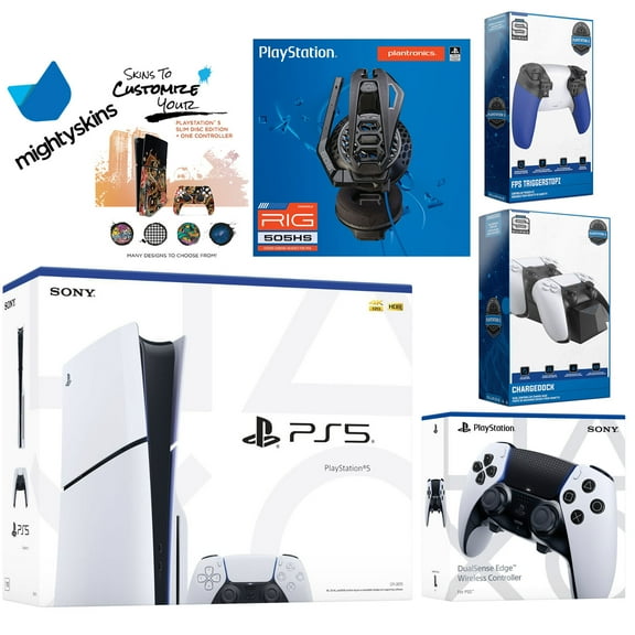Sony Playstation 5 Slim Disc Bundle with Extra EDGE Controller, Plantronics Headset, Trigger Stop Kit, Dual Charge Dock and MightySkins Decal Voucher