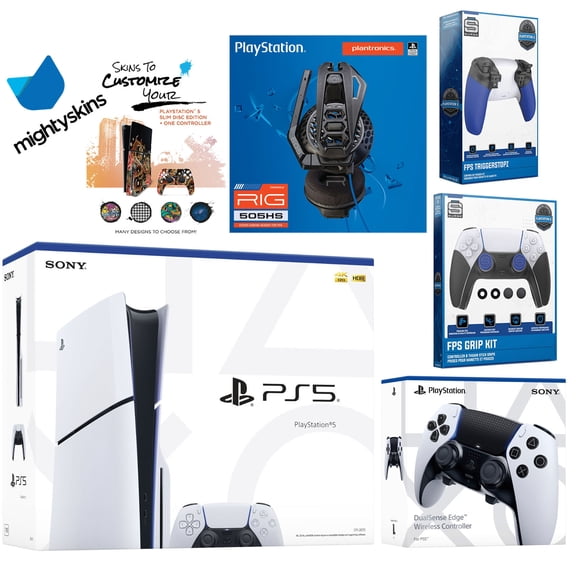 Sony Playstation 5 Slim Disc Bundle with Extra EDGE Controller, Plantronics Headset, Trigger Stop Kit, FPS Grip Kit and MightySkins Decal Voucher