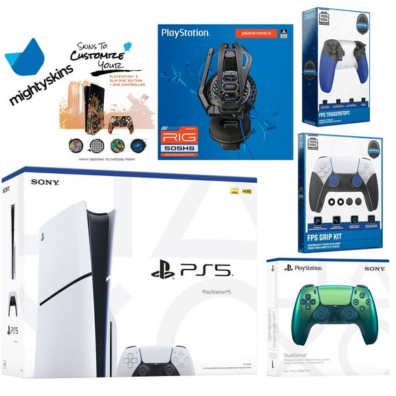 Sony Playstation 5 Slim Disc Bundle with Extra EDGE Controller, Plantronics Headset, Trigger Stop Kit, FPS Grip Kit and MightySkins Decal Voucher