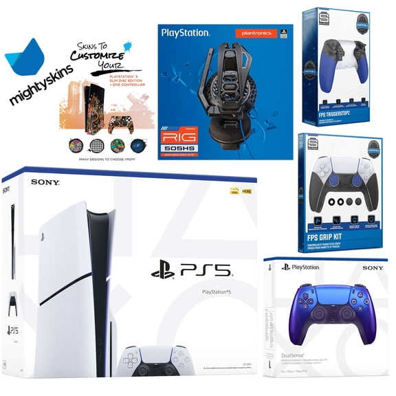 Sony Playstation 5 Slim Disc Bundle with Extra EDGE Controller, Plantronics Headset, Trigger Stop Kit, FPS Grip Kit and MightySkins Decal Voucher