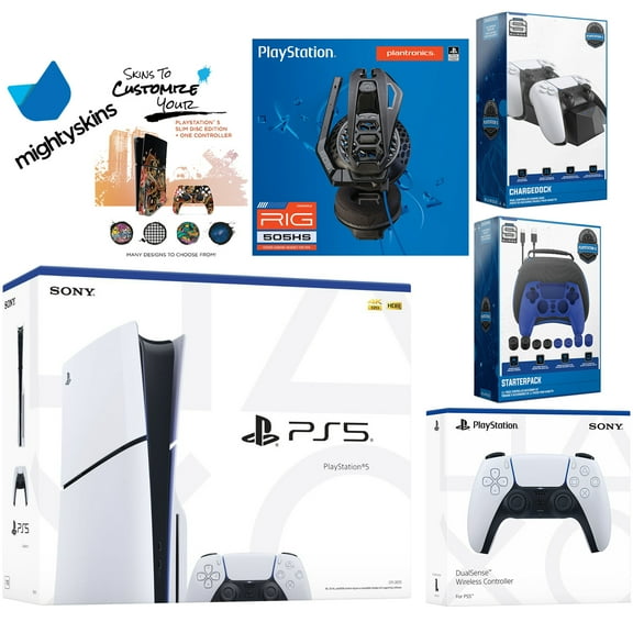 Sony Playstation 5 Slim Disc Bundle with Extra White Controller, Plantronics Headset, Pro Gamer Kit, Dual Charge Dock and MightySkins Decal Voucher