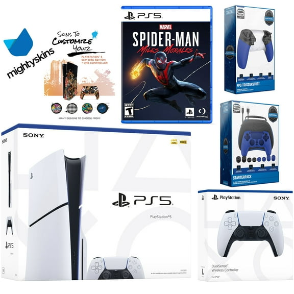 Sony Playstation 5 Slim Disc Bundle with Spider-Man: Miles Morales, Extra White Controller, Pro Gamer Kit, Trigger Kit and MightySkins Decal Voucher