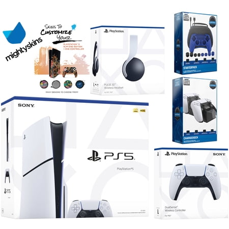 Sony Playstation 5 Slim Disc Bundle with White Pulse Headset, Extra White Controller, Pro Gamer Kit, Dual Charge Dock and MightySkins Decal Voucher