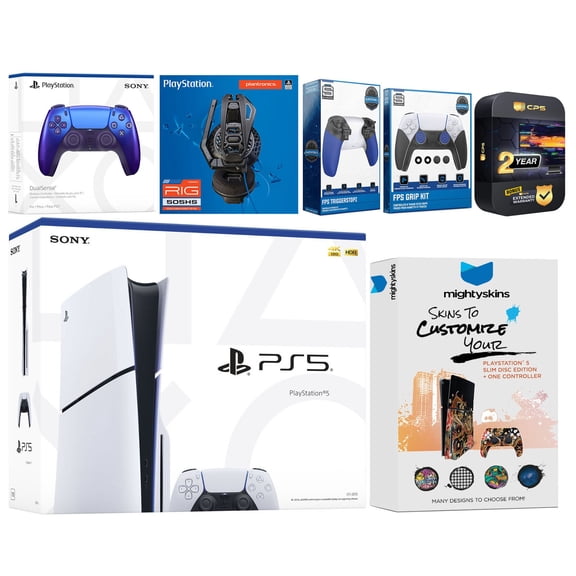 Sony Playstation 5 Slim Disc with Extra Chroma Indigo Controller, Plantronics Headset, Trigger Stop Kit, FPS Grip Kit and MightySkins Decal Voucher + 2 Year CPS Extended Warranty
