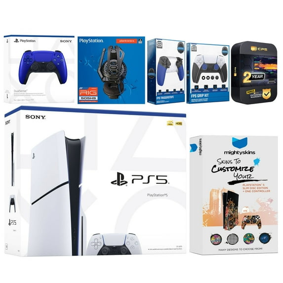 Sony Playstation 5 Slim Disc with Extra Cobalt Blue Controller, Plantronics Headset, Trigger Stop Kit, FPS Grip Kit and MightySkins Decal Voucher + 2 Year CPS Extended Warranty