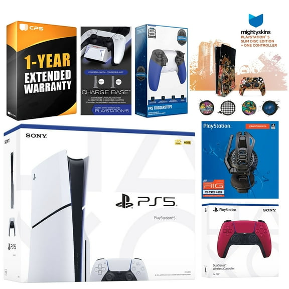 Sony Playstation 5 Slim Disc with Extra Cosmic Red Controller, Plantronics Headset, Trigger Stop Kit, Charge Dock and MightySkins Decal Voucher + 1 Year CPS Extended Warranty