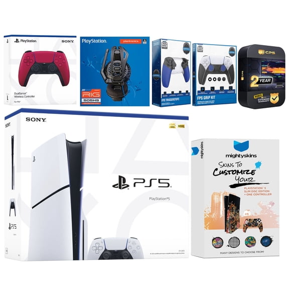 Sony Playstation 5 Slim Disc with Extra Cosmic Red Controller, Plantronics Headset, Trigger Stop Kit, FPS Grip Kit and MightySkins Decal Voucher + 2 Year CPS Extended Warranty