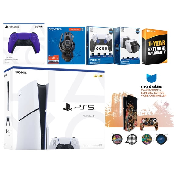 Sony Playstation 5 Slim Disc with Extra Galactic Purple Controller, Plantronics Headset, FPS Grip Kit, Charge Dock and MightySkins Decal Voucher + 1 Year CPS Extended Warranty