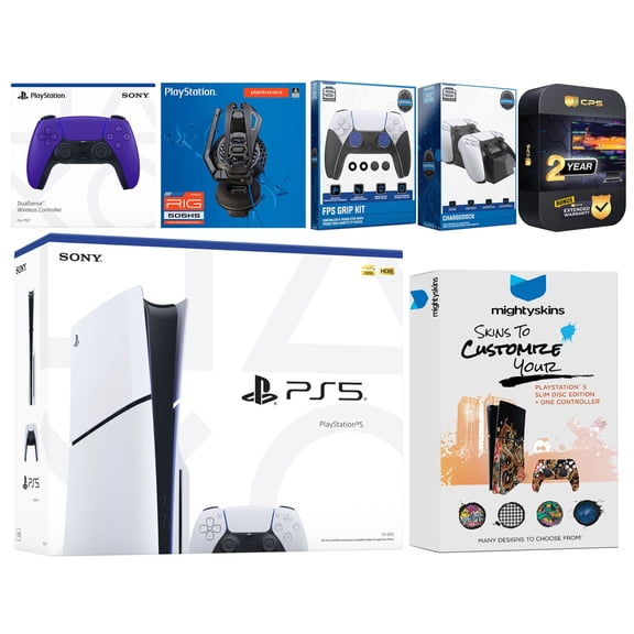 Sony Playstation 5 Slim Disc with Extra Galactic Purple Controller, Plantronics Headset, FPS Grip Kit, Charge Dock and MightySkins Decal Voucher + 2 Year CPS Extended Warranty