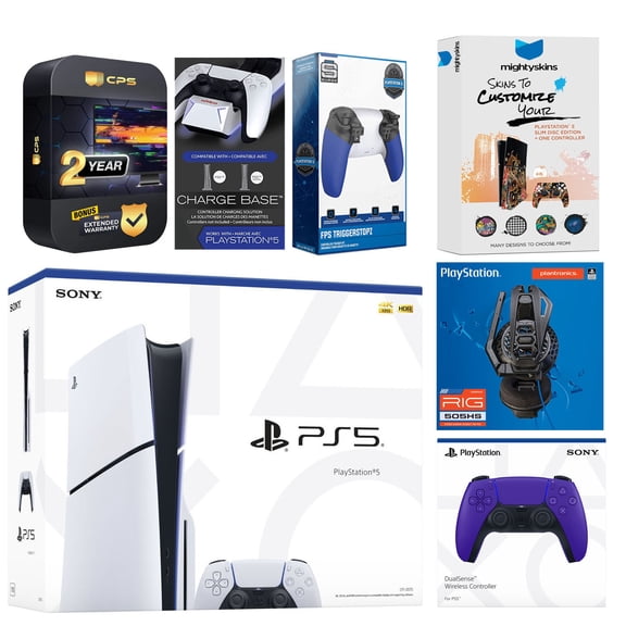 Sony Playstation 5 Slim Disc with Extra Galactic Purple Controller, Plantronics Headset, Trigger Stop Kit, Charge Dock and MightySkins Decal Voucher + 2 Year CPS Extended Warranty