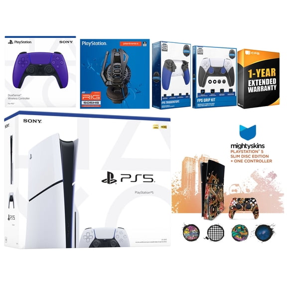 Sony Playstation 5 Slim Disc with Extra Galactic Purple Controller, Plantronics Headset, Trigger Stop Kit, FPS Grip Kit and MightySkins Decal Voucher + 1 Year CPS Extended Warranty