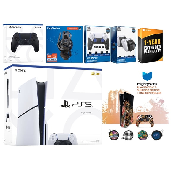 Sony Playstation 5 Slim Disc with Extra Midnight Black Controller, Plantronics Headset, FPS Grip Kit, Charge Dock and MightySkins Decal Voucher + 1 Year CPS Extended Warranty