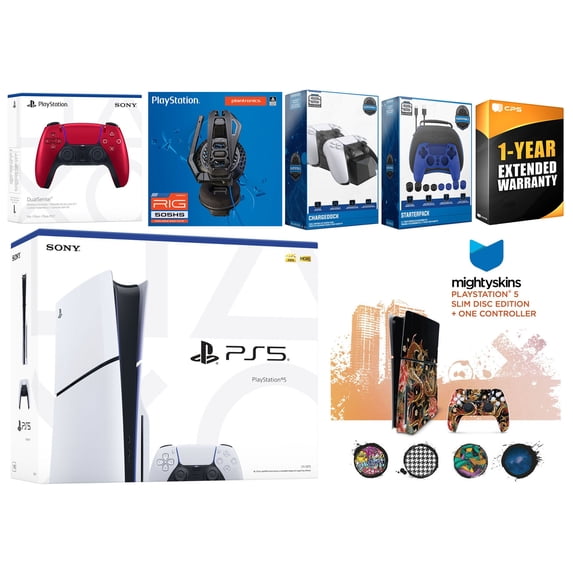 Sony Playstation 5 Slim Disc with Extra Volcanic Red Controller, Plantronics Headset, Gamer Kit, Charge Dock and MightySkins Decal Voucher + 1 Year CPS Extended Warranty