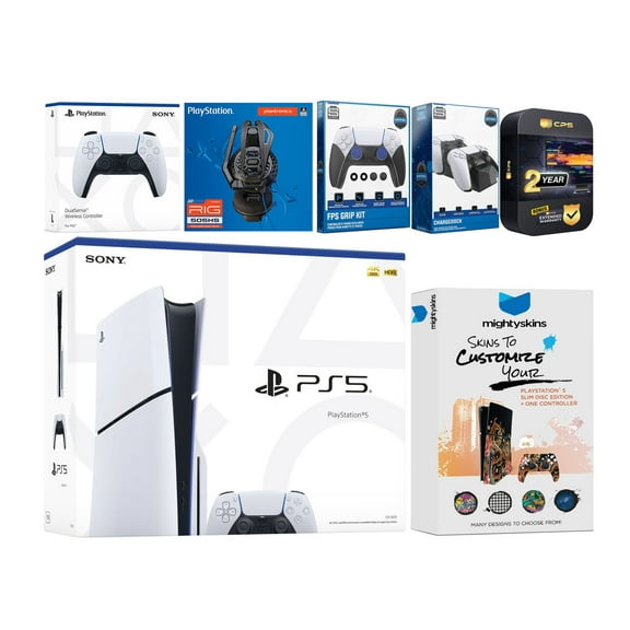 Sony Playstation 5 Slim Disc with Extra White Controller, Plantronics Headset, FPS Grip Kit, Charge Dock and MightySkins Decal Voucher + 2 Year CPS Extended Warranty