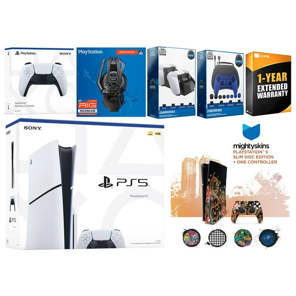 Sony Playstation 5 Slim Disc with Extra White Controller, Plantronics Headset, Gamer Kit, Charge Dock and MightySkins Decal Voucher + 1 Year CPS Extended Warranty
