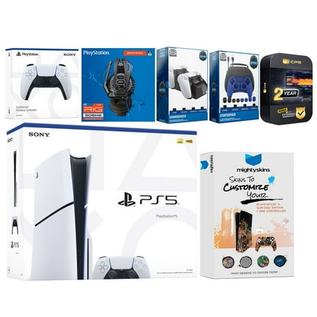 Sony Playstation 5 Slim Disc Bundle with Extra White Controller, Plantronics Headset, Gamer Kit, Dual Charge Dock and MightySkins Decal Voucher Plus 2 Year CPS Extended Warranty
