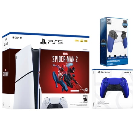 Sony Playstation 5 Slim Disc Marvel’s Spider-Man 2 Bundle with Extra Cobalt Blue Controller and Surge Dual Controller Charge Dock