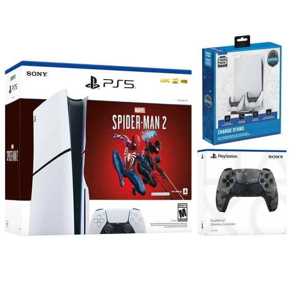 Sony Playstation 5 Slim Disc Marvel’s Spider-Man 2 Bundle with Extra Gray Camo Controller and Surge USB Hub Charging Stand