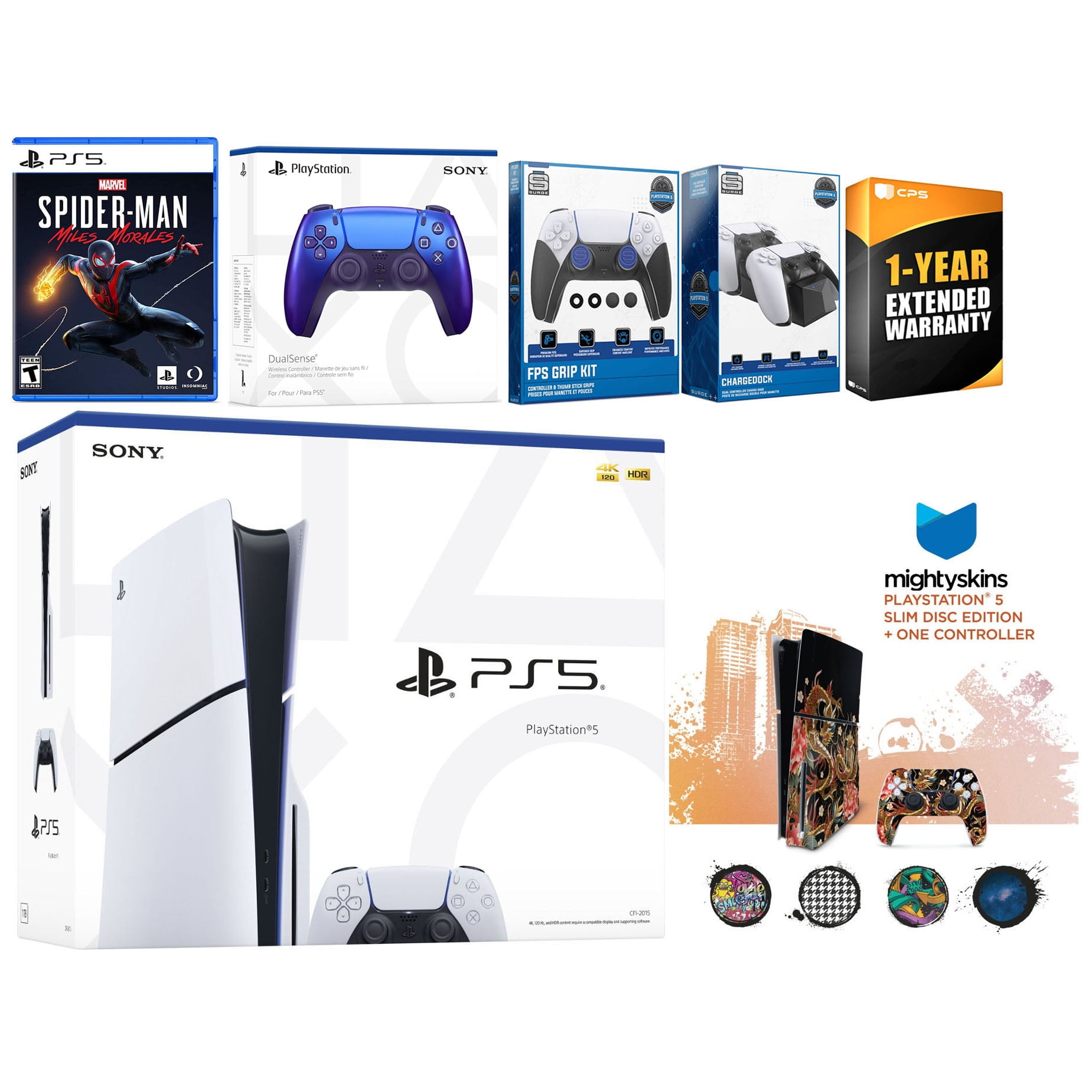 Sony Playstation 5 Slim Disc with Spider-Man: Miles Morales, Extra Chroma Indigo Controller, FPS Grip Kit, Charge Dock and MightySkins Decal Voucher + 1 Year CPS Extended Warranty