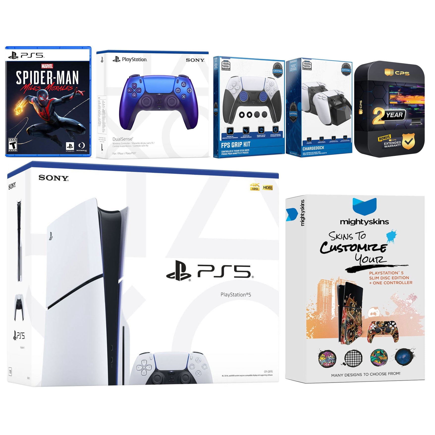Sony Playstation 5 Slim Disc with Spider-Man: Miles Morales, Extra Chroma Indigo Controller, FPS Grip Kit, Charge Dock and MightySkins Decal Voucher + 2 Year CPS Extended Warranty