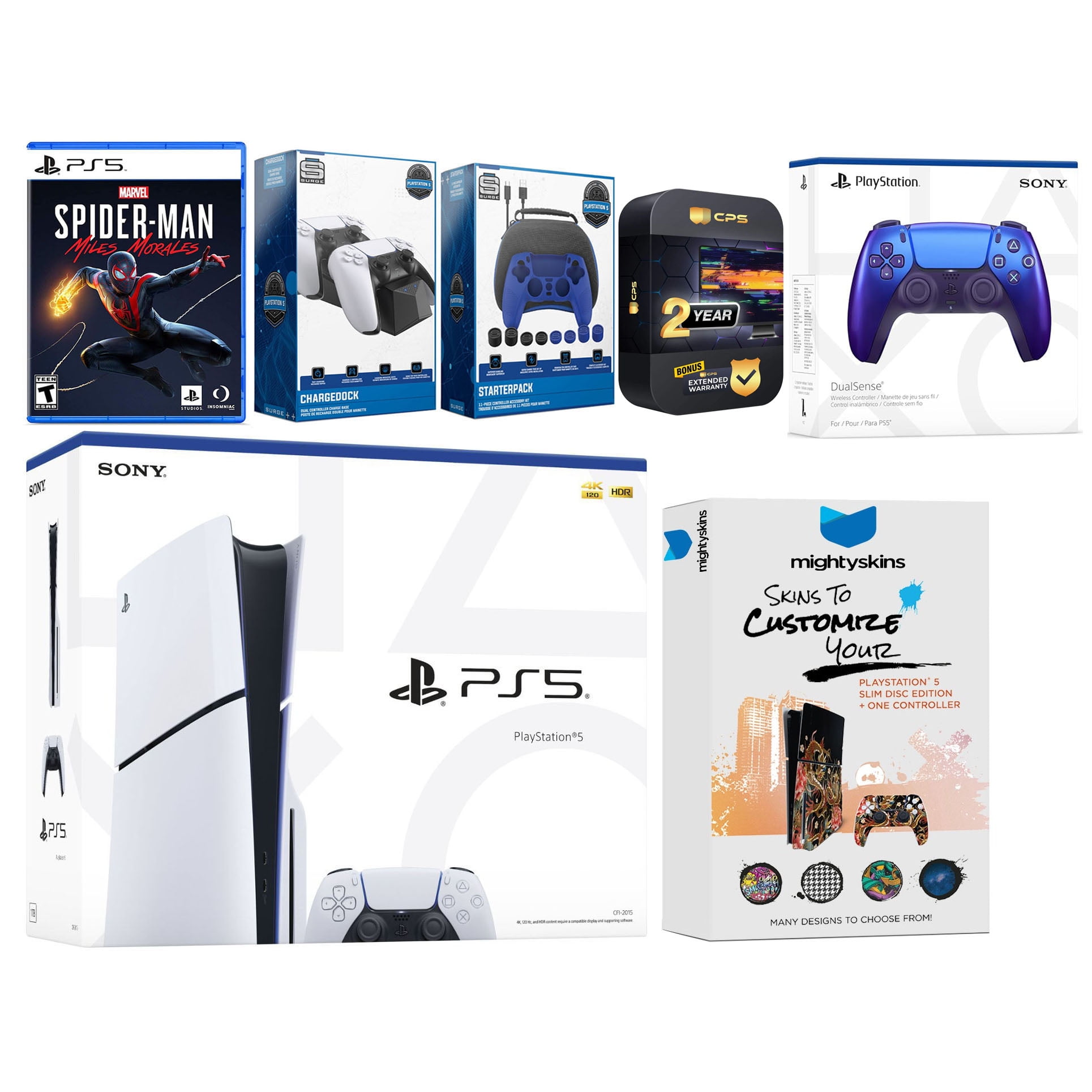Sony Playstation 5 Slim Disc with Spider-Man: Miles Morales, Extra Chroma Indigo Controller, Gamer Kit, Charge Dock and MightySkins Decal Voucher + 2 Year CPS Extended Warranty
