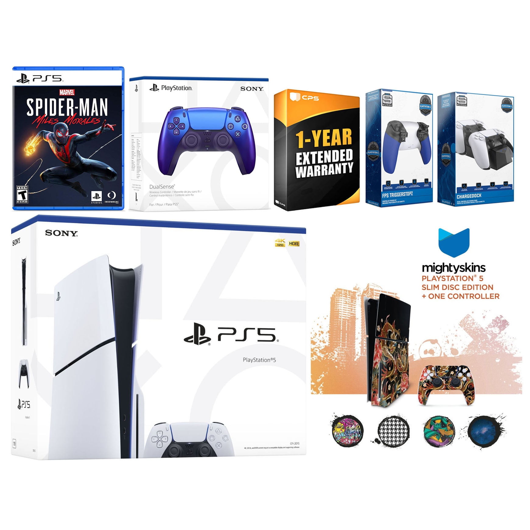 Sony Playstation 5 Slim Disc Bundle with Spider-Man: Miles Morales, Extra Chroma Indigo Controller, Trigger Stop Kit, Dual Charge Dock and MightySkins Decal Voucher Plus 1 Year CPS Extended Warranty