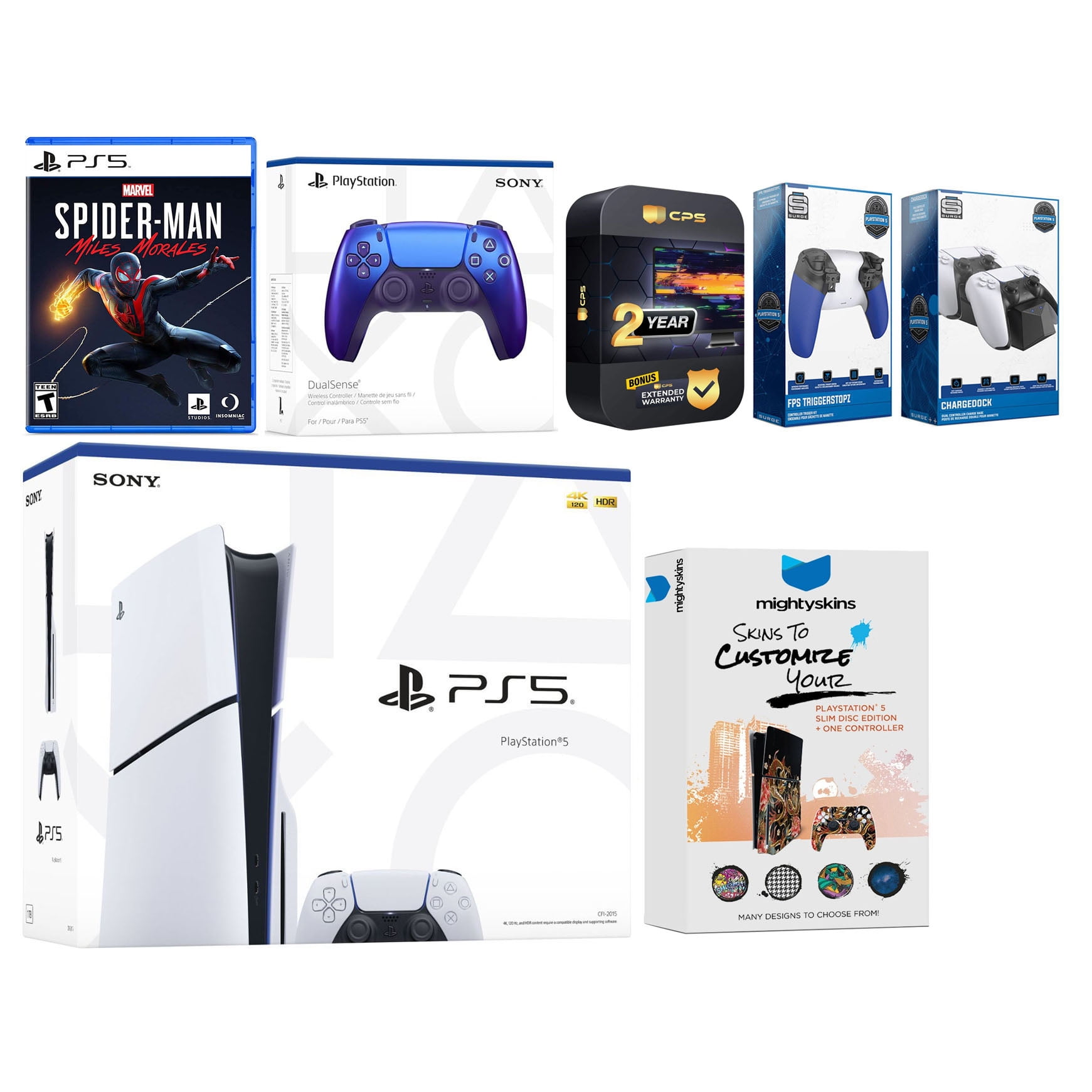 Sony Playstation 5 Slim Disc with Spider-Man: Miles Morales, Extra Chroma Indigo Controller, Trigger Stop Kit, Charge Dock and MightySkins Decal Voucher + 2 Year CPS Extended Warranty
