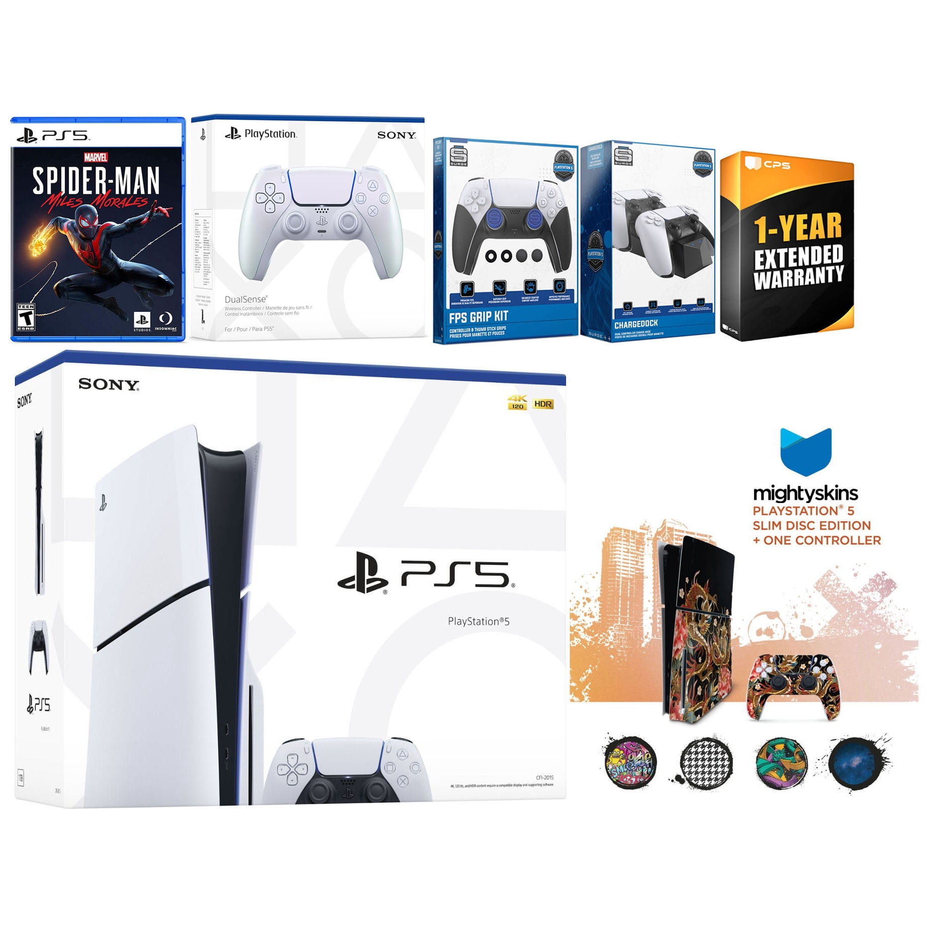 Sony Playstation 5 Slim Disc with Spider-Man: Miles Morales, Extra Chroma Pearl Controller, FPS Grip Kit, Charge Dock and MightySkins Decal Voucher + 1 Year CPS Extended Warranty