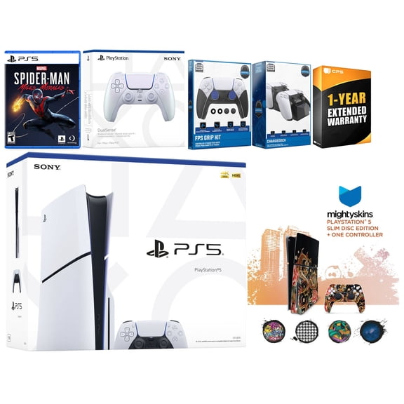 Sony Playstation 5 Slim Disc with Spider-Man: Miles Morales, Extra Chroma Pearl Controller, FPS Grip Kit, Charge Dock and MightySkins Decal Voucher + 1 Year CPS Extended Warranty