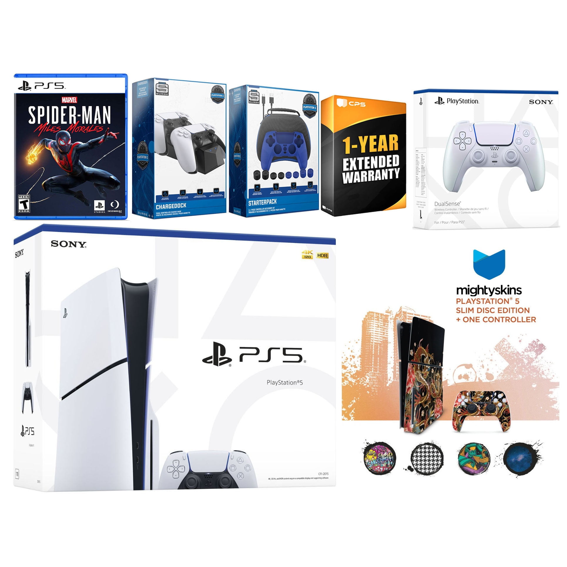 Sony Playstation 5 Slim Disc with Spider-Man: Miles Morales, Extra Chroma Pearl Controller, Gamer Kit, Charge Dock and MightySkins Decal Voucher + 1 Year CPS Extended Warranty
