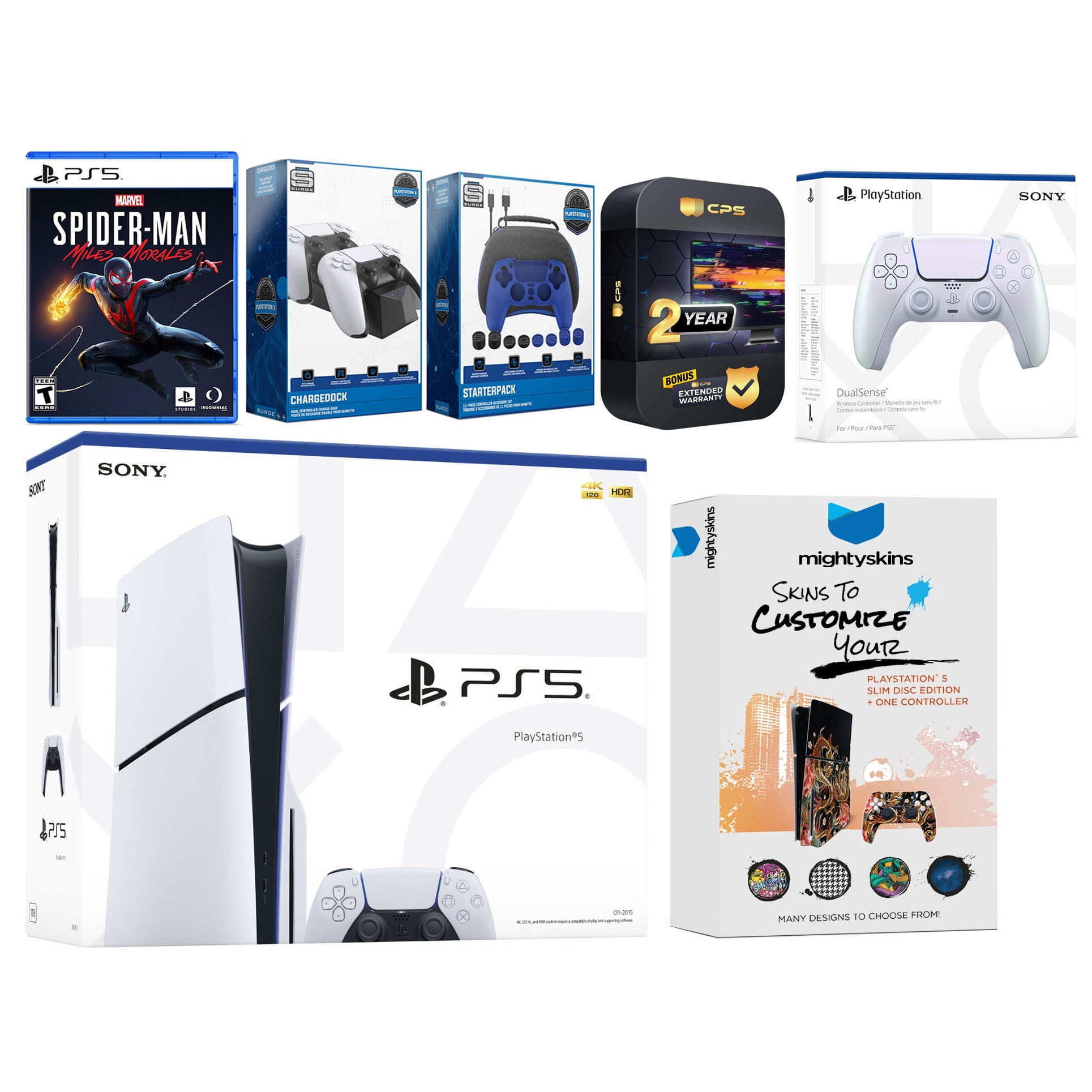 Sony Playstation 5 Slim Disc with Spider-Man: Miles Morales, Extra Chroma Pearl Controller, Gamer Kit, Charge Dock and MightySkins Decal Voucher + 2 Year CPS Extended Warranty