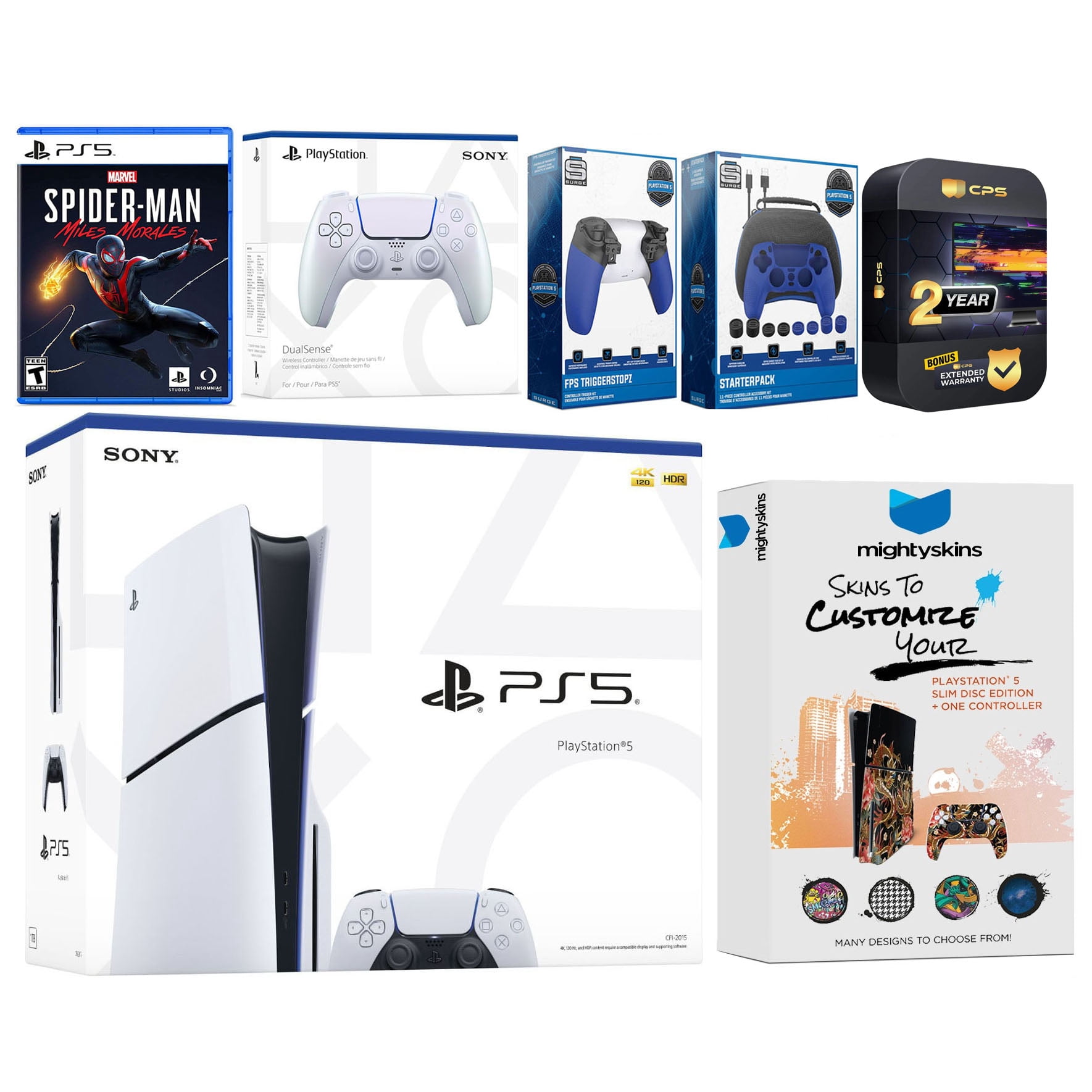 Sony Playstation 5 Slim Disc with Spider-Man: Miles Morales, Extra Chroma Pearl Controller, Gamer Kit, Trigger Kit and MightySkins Decal Voucher + 2 Year CPS Extended Warranty