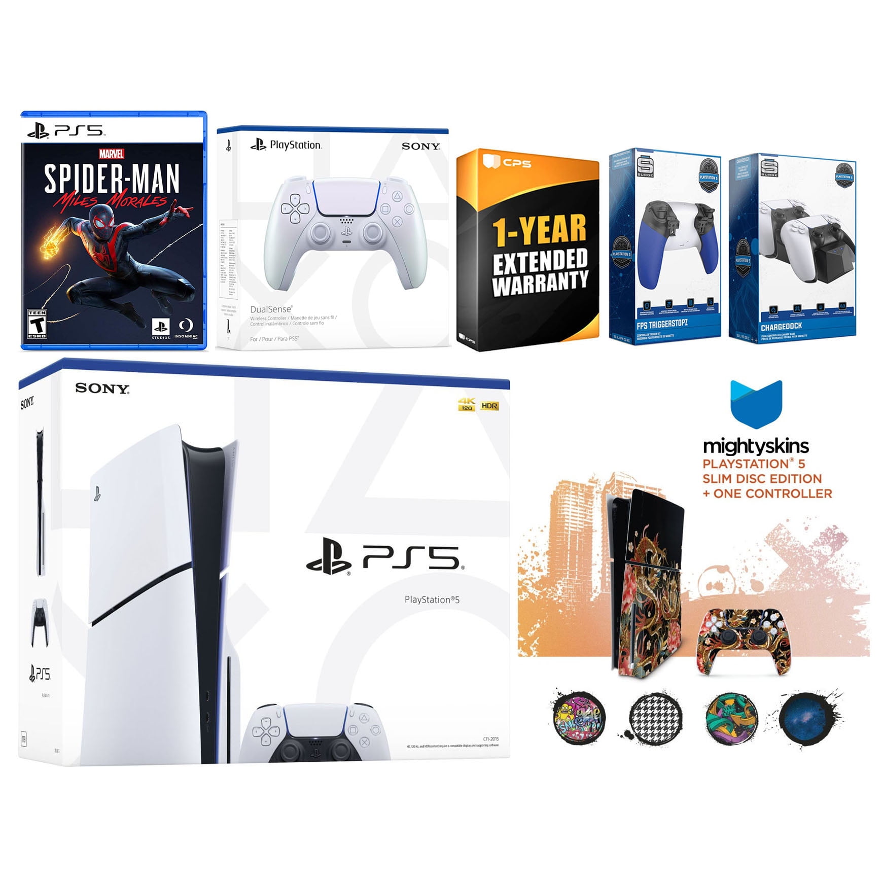 Sony Playstation 5 Slim Disc with Spider-Man: Miles Morales, Extra Chroma Pearl Controller, Trigger Stop Kit, Charge Dock and MightySkins Decal Voucher + 1 Year CPS Extended Warranty