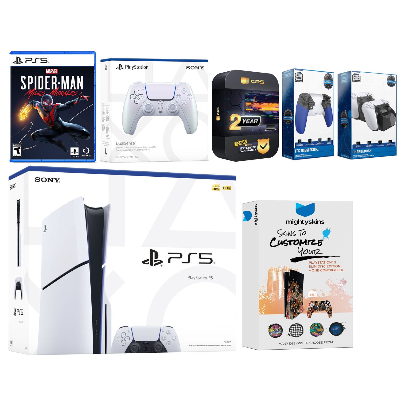 Sony Playstation 5 Slim Disc with Spider-Man: Miles Morales, Extra Chroma Pearl Controller, Trigger Stop Kit, Charge Dock and MightySkins Decal Voucher + 2 Year CPS Extended Warranty