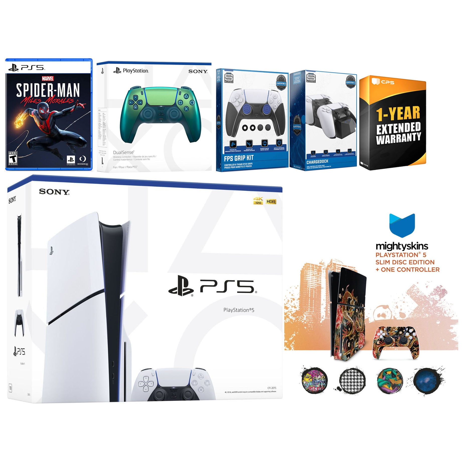 Sony Playstation 5 Slim Disc with Spider-Man: Miles Morales, Extra Chroma Teal Controller, FPS Grip Kit, Charge Dock and MightySkins Decal Voucher + 1 Year CPS Extended Warranty