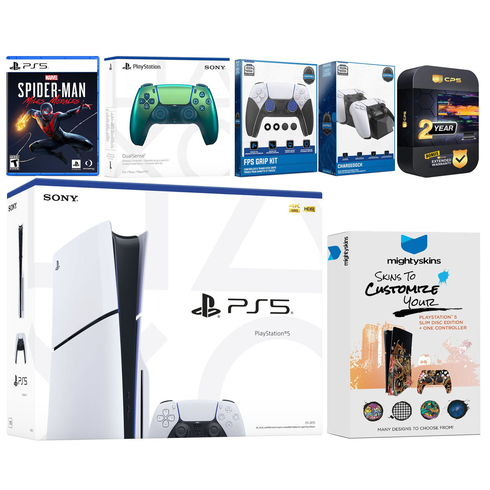 Sony Playstation 5 Slim Disc with Spider-Man: Miles Morales, Extra Chroma Teal Controller, FPS Grip Kit, Charge Dock and MightySkins Decal Voucher + 2 Year CPS Extended Warranty