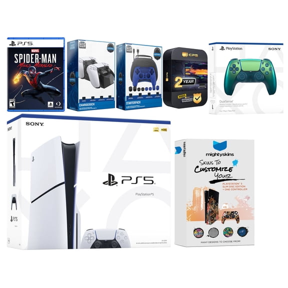 Sony Playstation 5 Slim Disc Bundle with Spider-Man: Miles Morales, Extra Chroma Teal Controller, Gamer Kit, Dual Charge Dock and MightySkins Decal Voucher Plus 2 Year CPS Extended Warranty