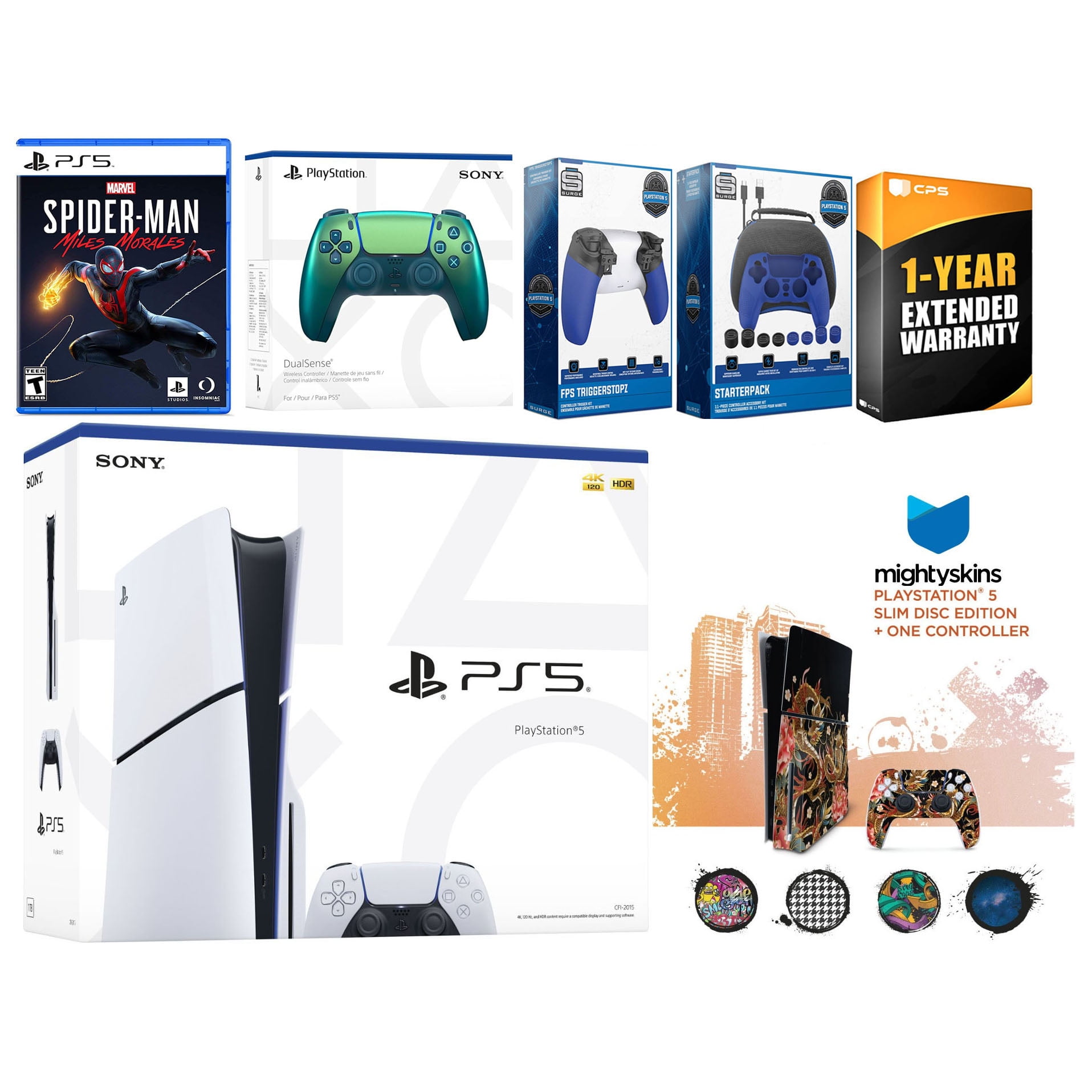 Sony Playstation 5 Slim Disc with Spider-Man: Miles Morales, Extra Chroma Teal Controller, Gamer Kit, Trigger Kit and MightySkins Decal Voucher + 1 Year CPS Extended Warranty