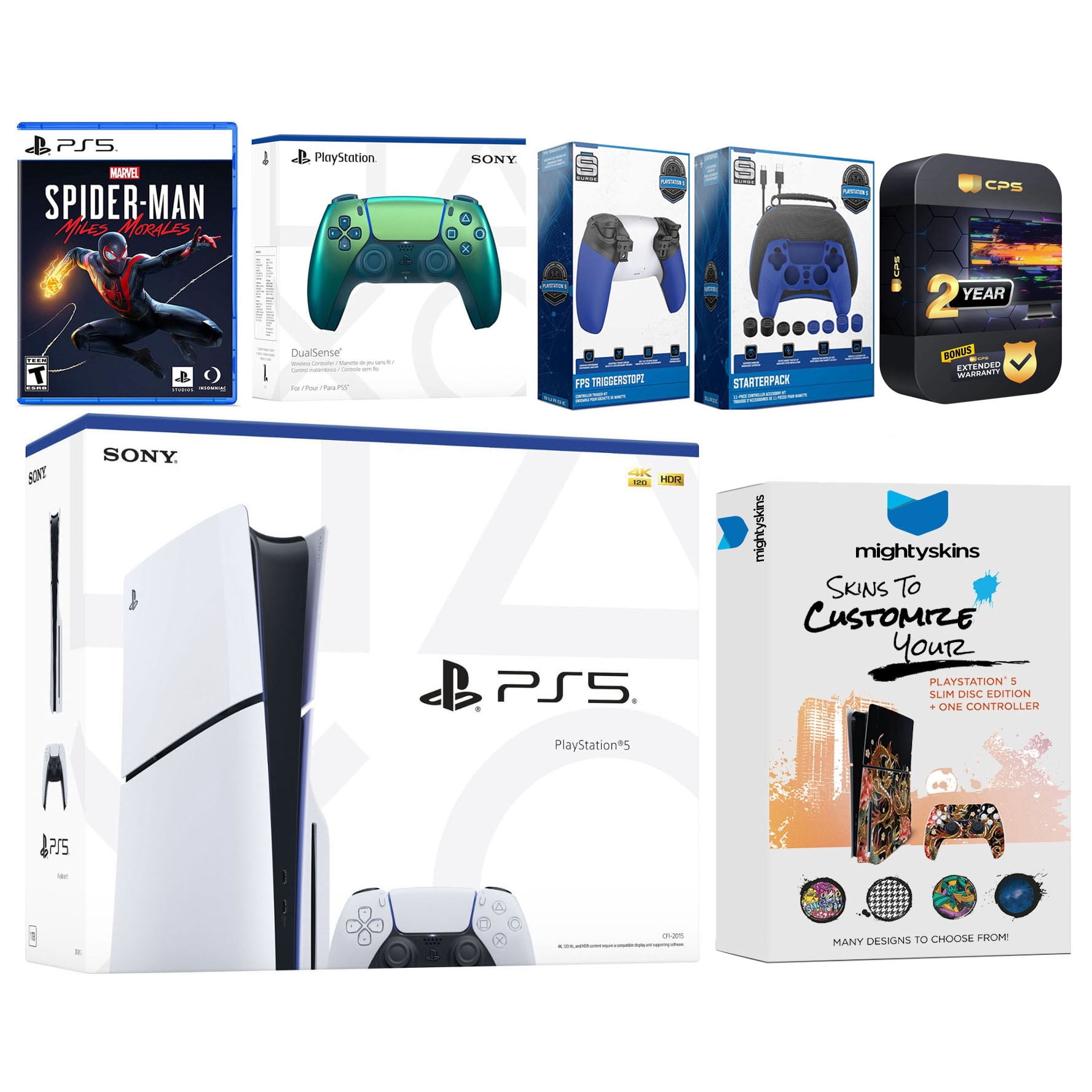 Sony Playstation 5 Slim Disc with Spider-Man: Miles Morales, Extra Chroma Teal Controller, Gamer Kit, Trigger Kit and MightySkins Decal Voucher + 2 Year CPS Extended Warranty
