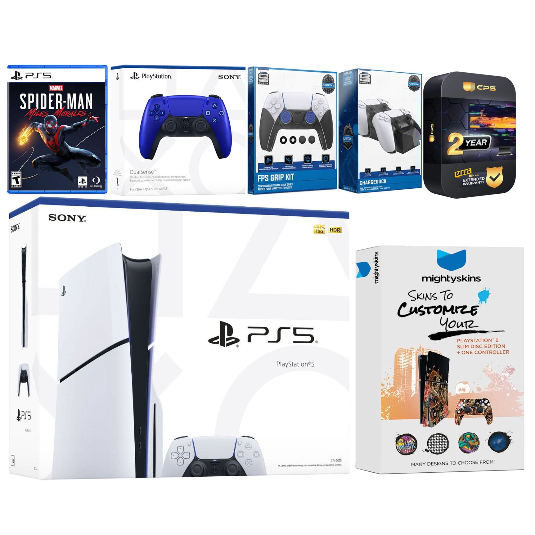 Sony Playstation 5 Slim Disc with Spider-Man: Miles Morales, Extra Cobalt Blue Controller, FPS Grip Kit, Charge Dock and MightySkins Decal Voucher + 2 Year CPS Extended Warranty