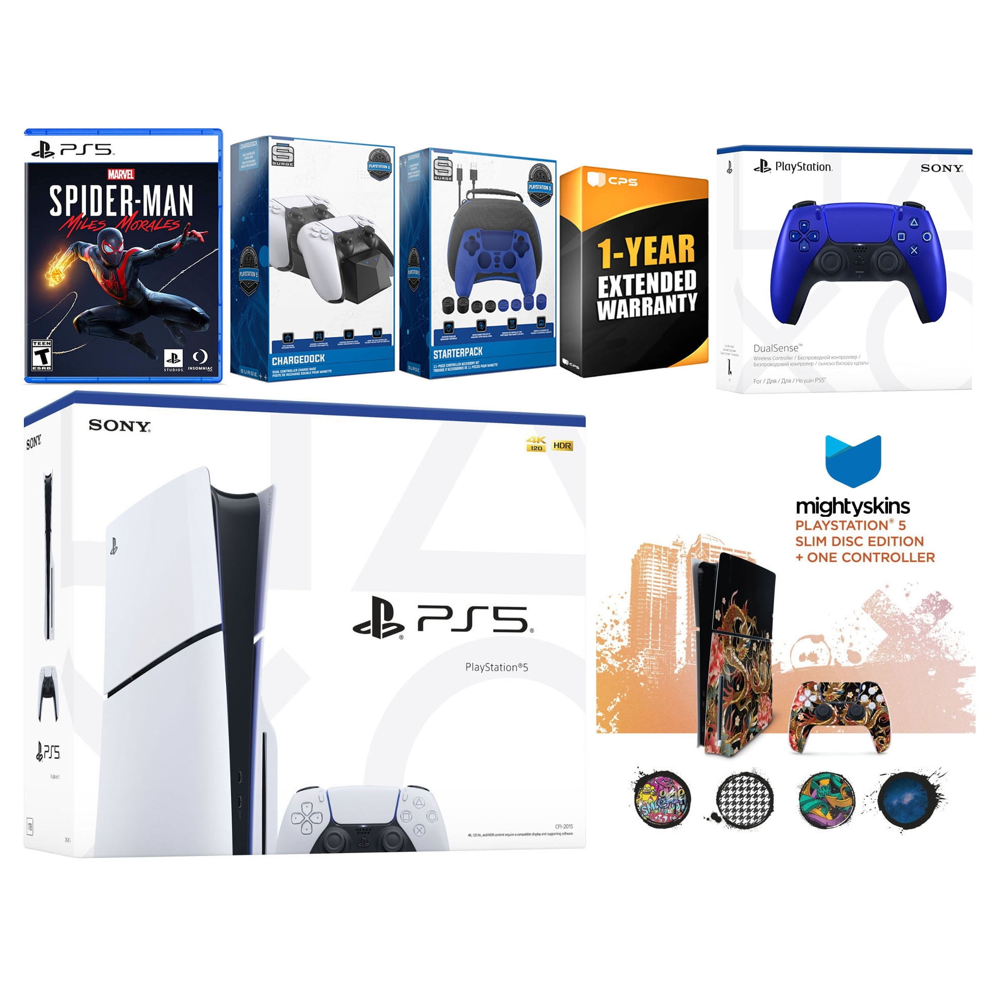 Sony Playstation 5 Slim Disc with Spider-Man: Miles Morales, Extra Cobalt Blue Controller, Gamer Kit, Charge Dock and MightySkins Decal Voucher + 1 Year CPS Extended Warranty